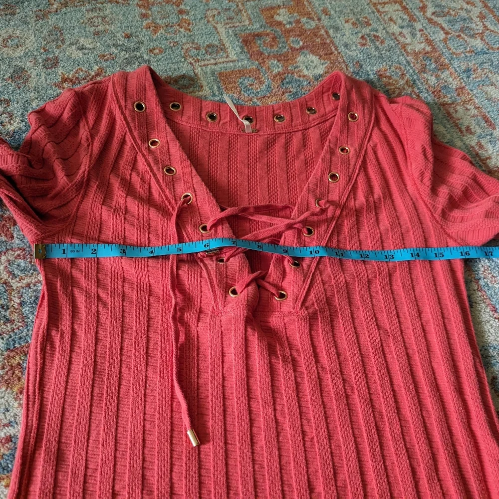 Free People Women's Large 'Ice Cold Lace Up' Grommet Ribbed Top Rose Crimson 98